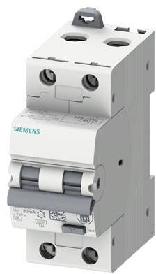 Abbildung eines weißen Siemens-Leitungsschutzschalters mit grauen Schaltern, zwei oberen Öffnungen und einem Schalter zum Schutz vor Überstrom.