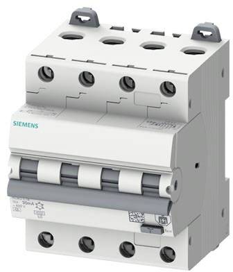 Ein grauer FI-Schutzschalter von Siemens mit vier Kippschaltern, die Schutz vor elektrischen Fehlerströmen bieten.