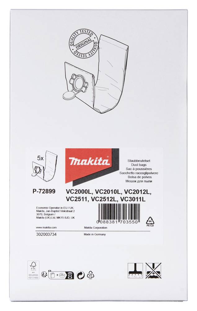 Staubbeutel-Verpackung von Makita für Modelle VC2000L, VC2010L, VC2012L, VC2511L, VC2512L, VC3011L. Beinhaltet 5 Beutel.