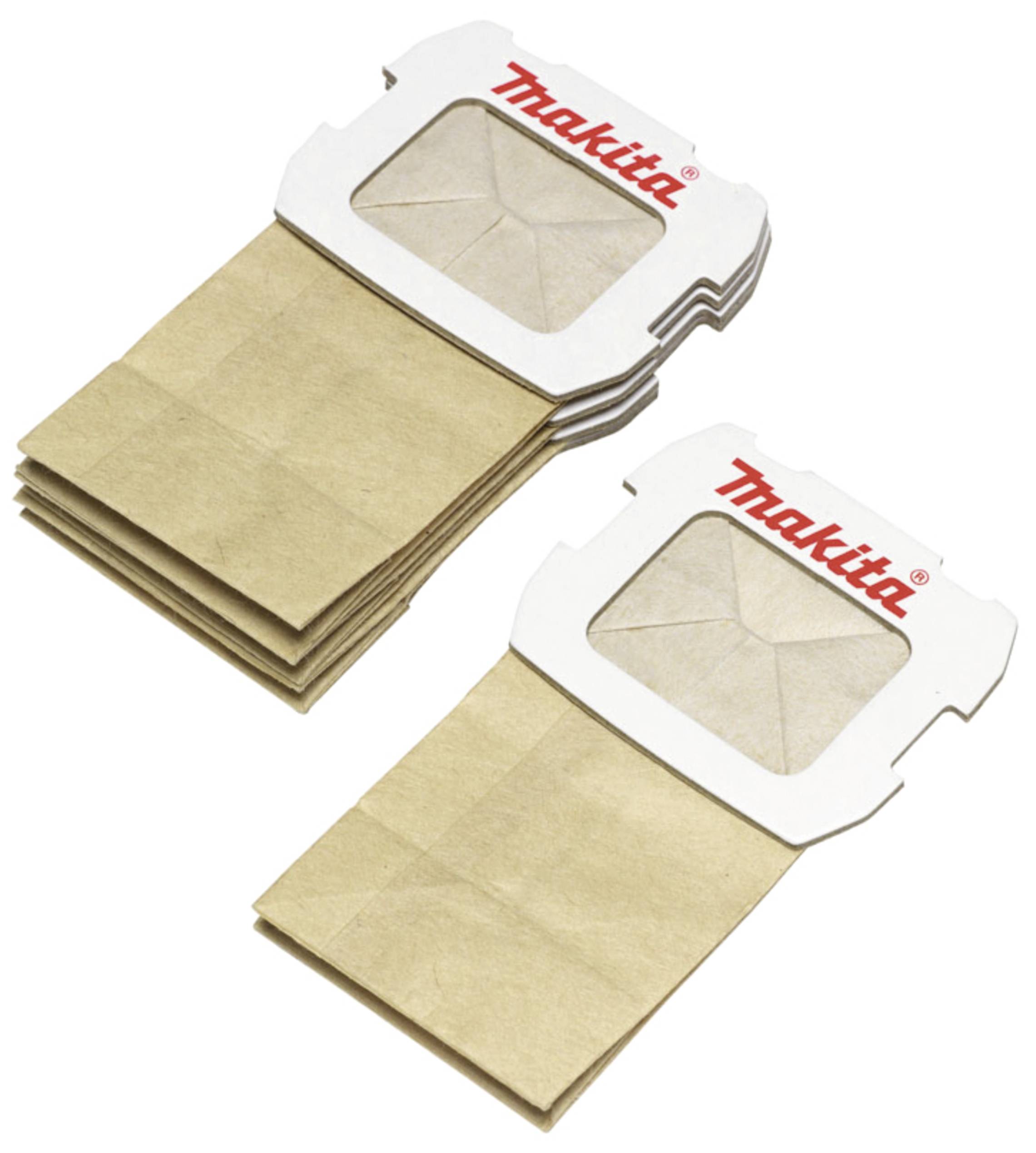 Zwei Papiertüten für Staubsauger, übereinander gestapelt, mit weißem Kunststoffanschluss und rotem 'Makita'-Logo.