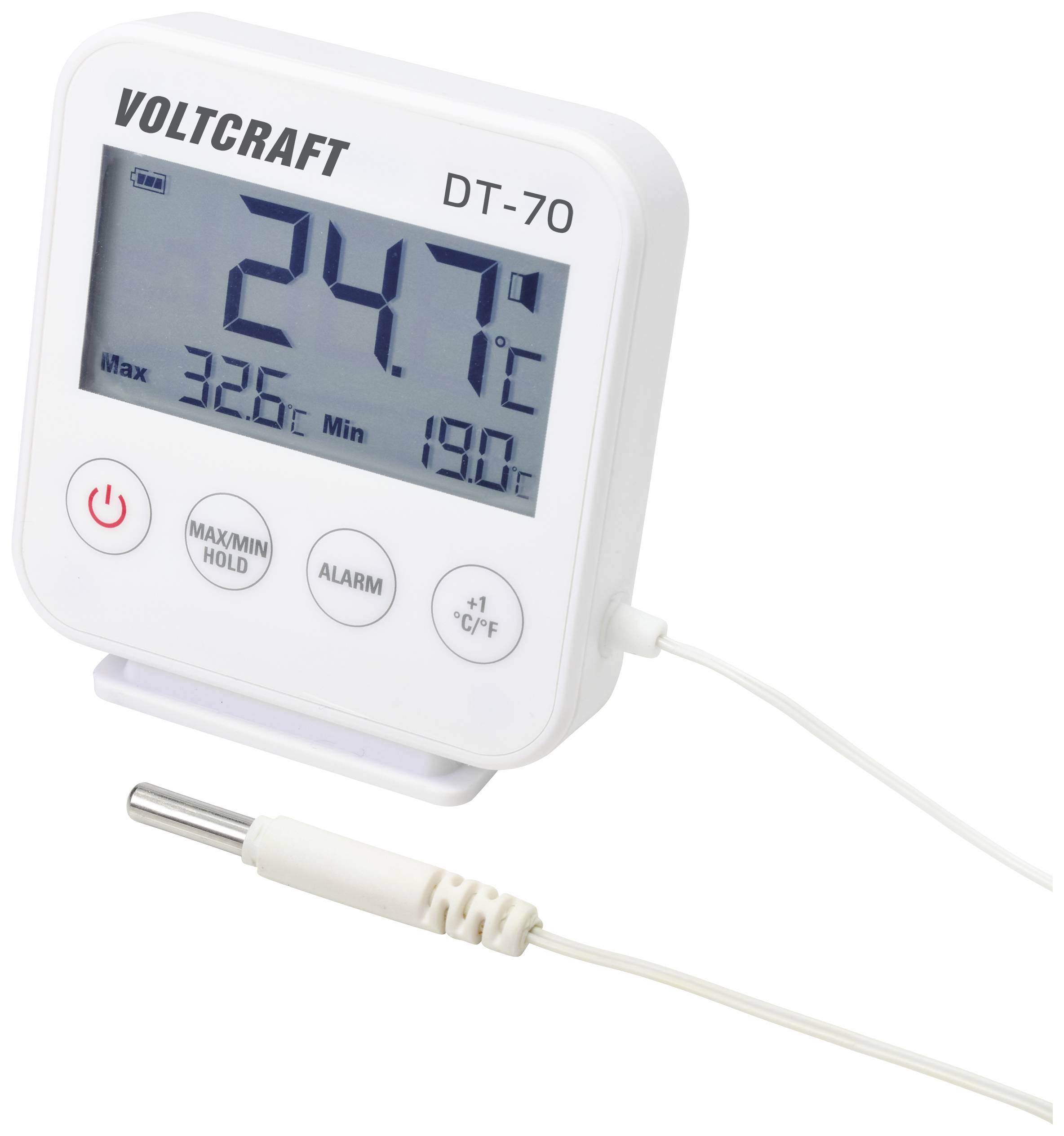 Digitales Thermometer mit Kabelsensor zeigt '24,7°C', maximale Temperatur '32,6°C', minimale '19,0°C', Knöpfe für Einstellungen.