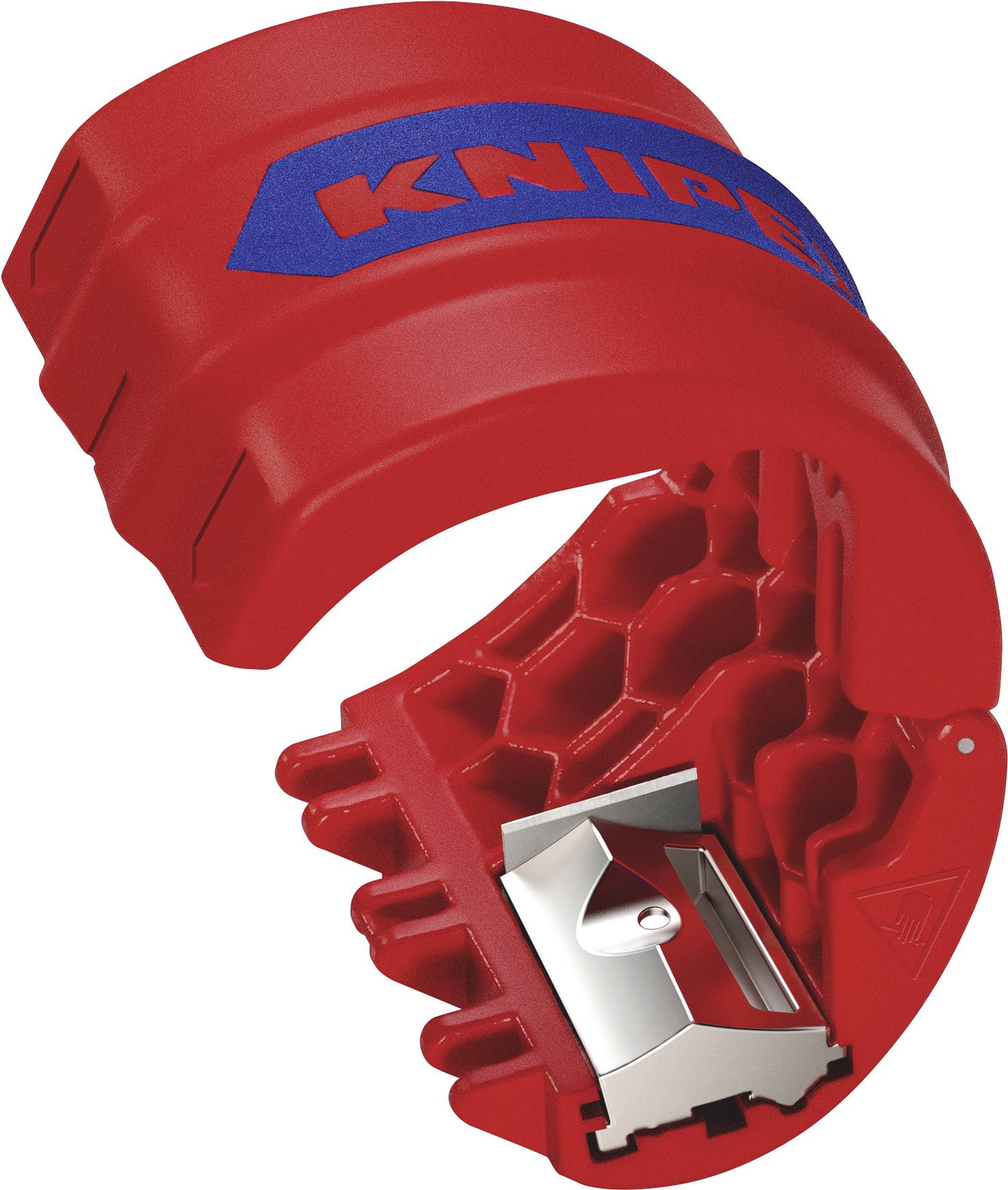 Rotes Abisolierwerkzeug der Marke KNIPEX mit einer innenliegenden Klinge, die Kabelisolierungen abtrennt.