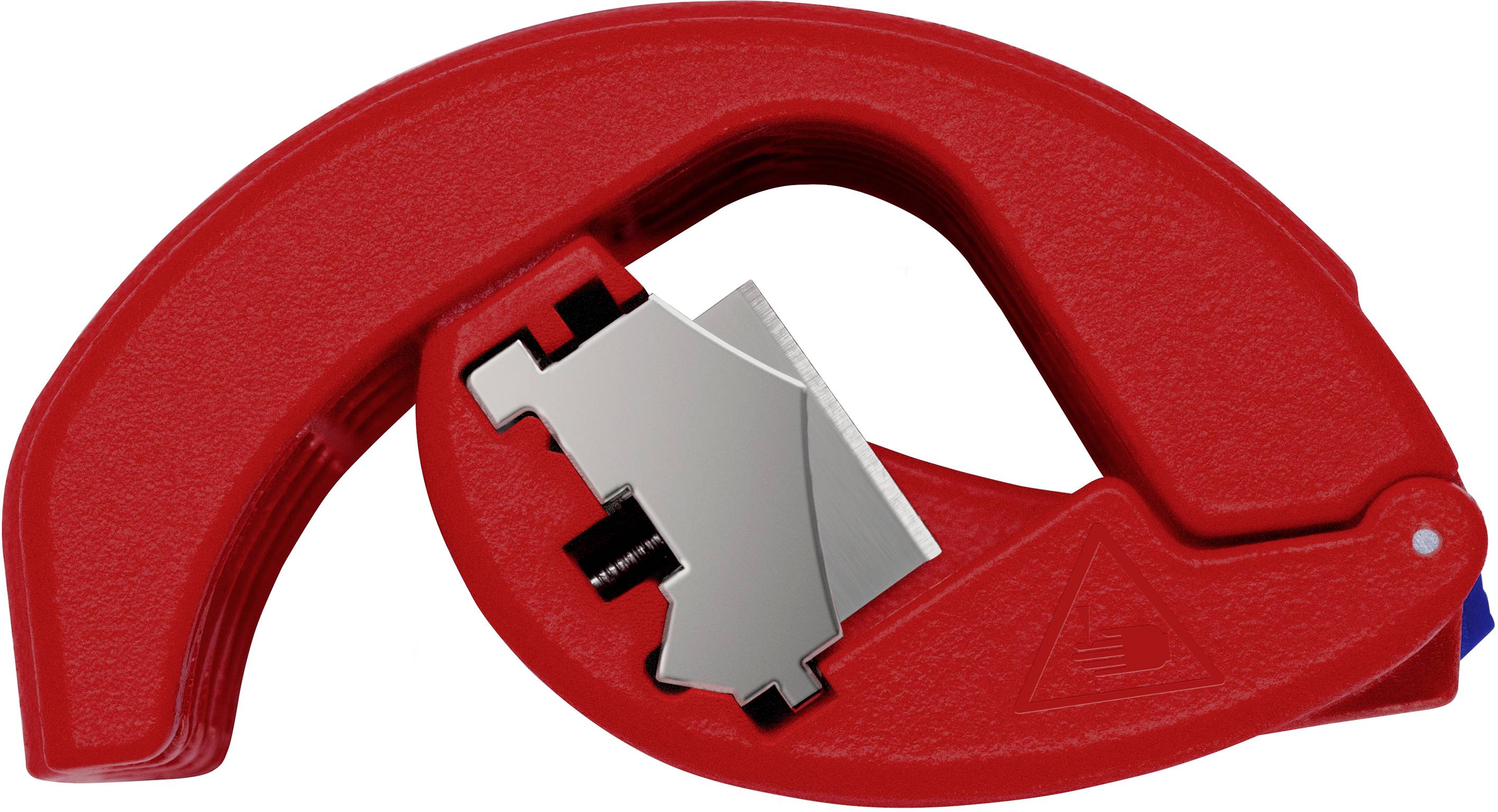 Roter Rohrschneider aus Kunststoff mit scharfer Klinge, zum präzisen Schneiden von Rohren.