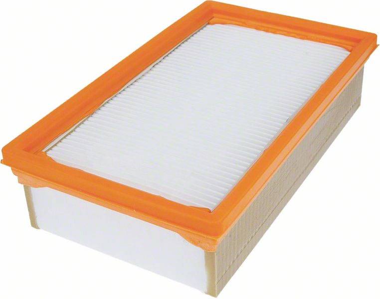 Rechteckiger Luftfilter mit orangefarbenem Rahmen und weißem Filtergewebe.