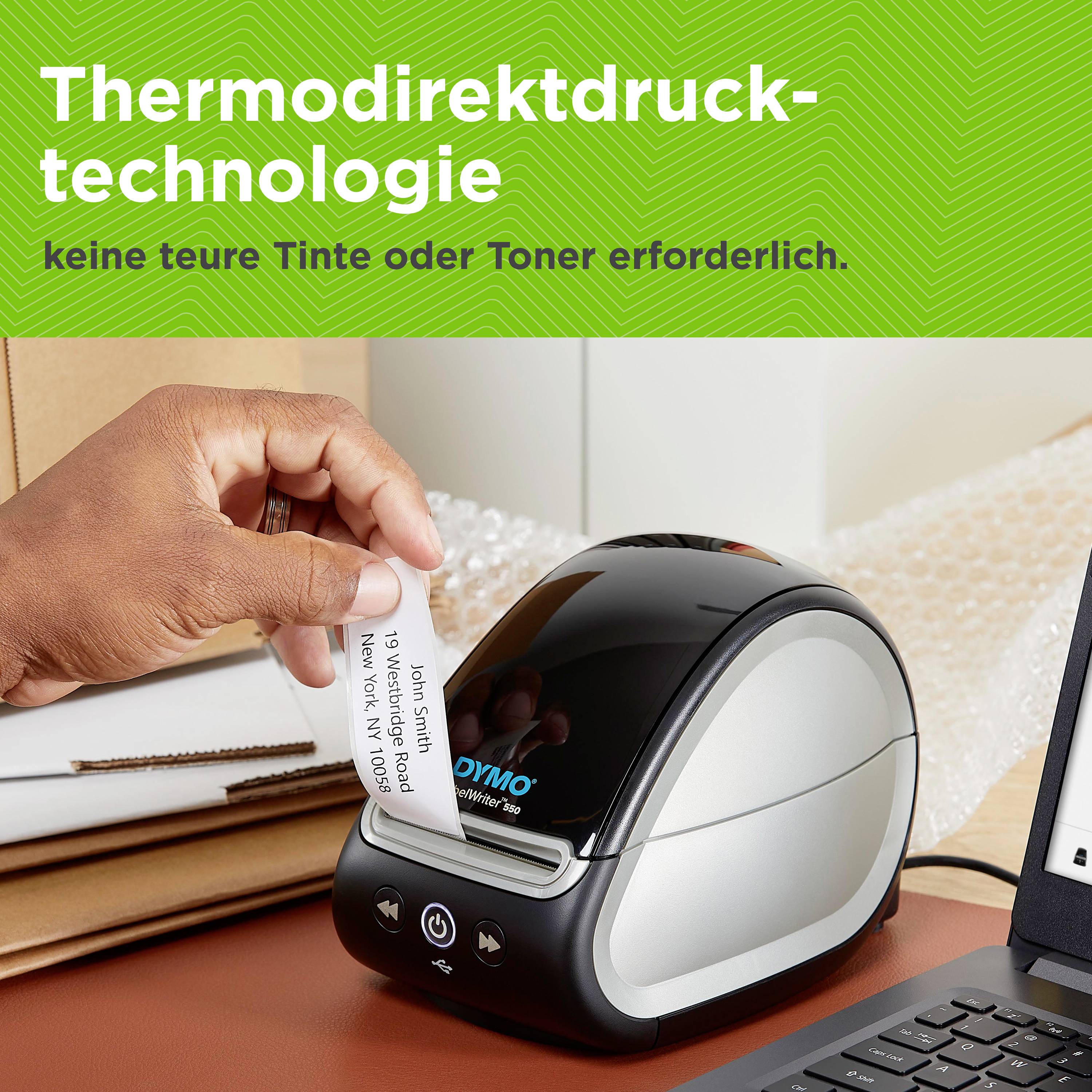 Eine Hand hält ein Papierstreifen am Drucker. Oben steht: 'Thermodirektdrucktechnologie - keine Tinte oder Toner erforderlich.'