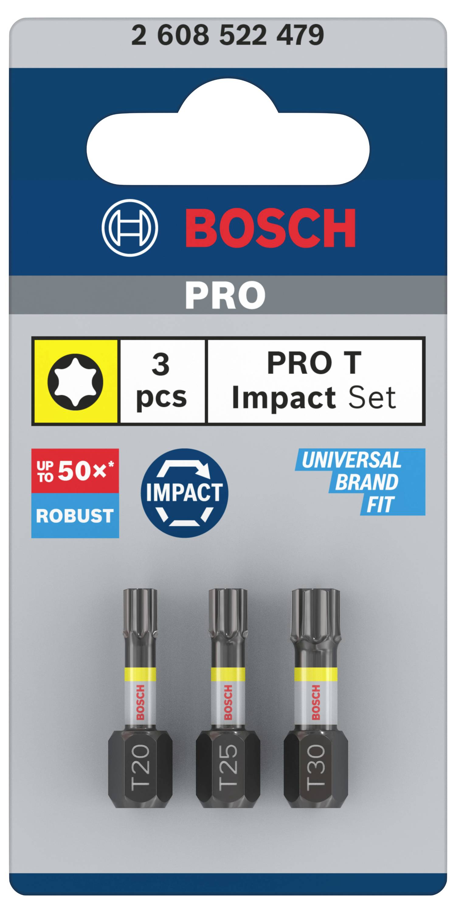'Bosch Pro' Bitsatz in Verpackung mit drei Torx-Bits: T20, T25, T30. Text auf Verpackung hervorhebt 'bis zu 50x robust', 'Impact', 'Universal Brand Fit'.