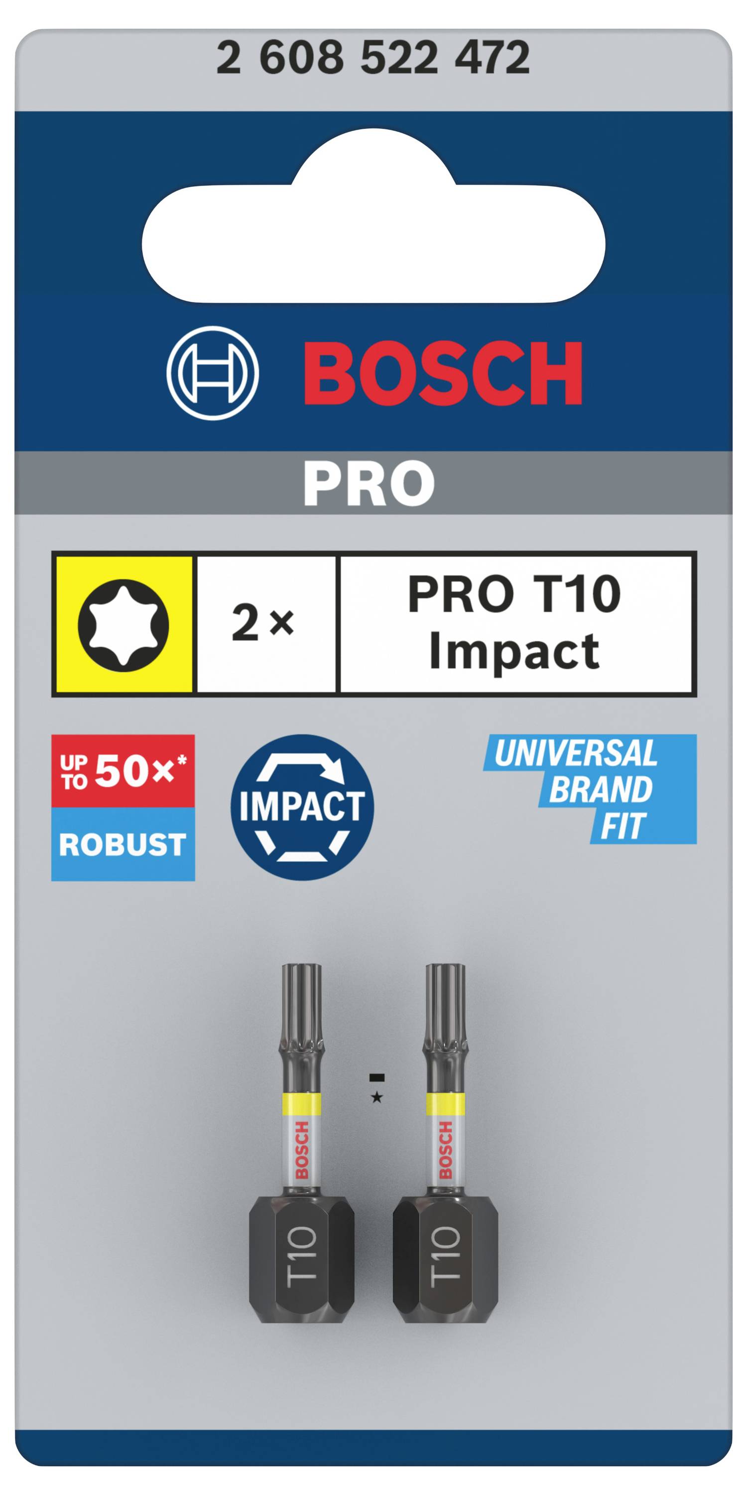 'Bosch PRO T10 Impact' Schraubendrehereinsätze, 2 Stück, für hohe Belastung und universelle Passform. Verpackung zeigt Produktdetails.