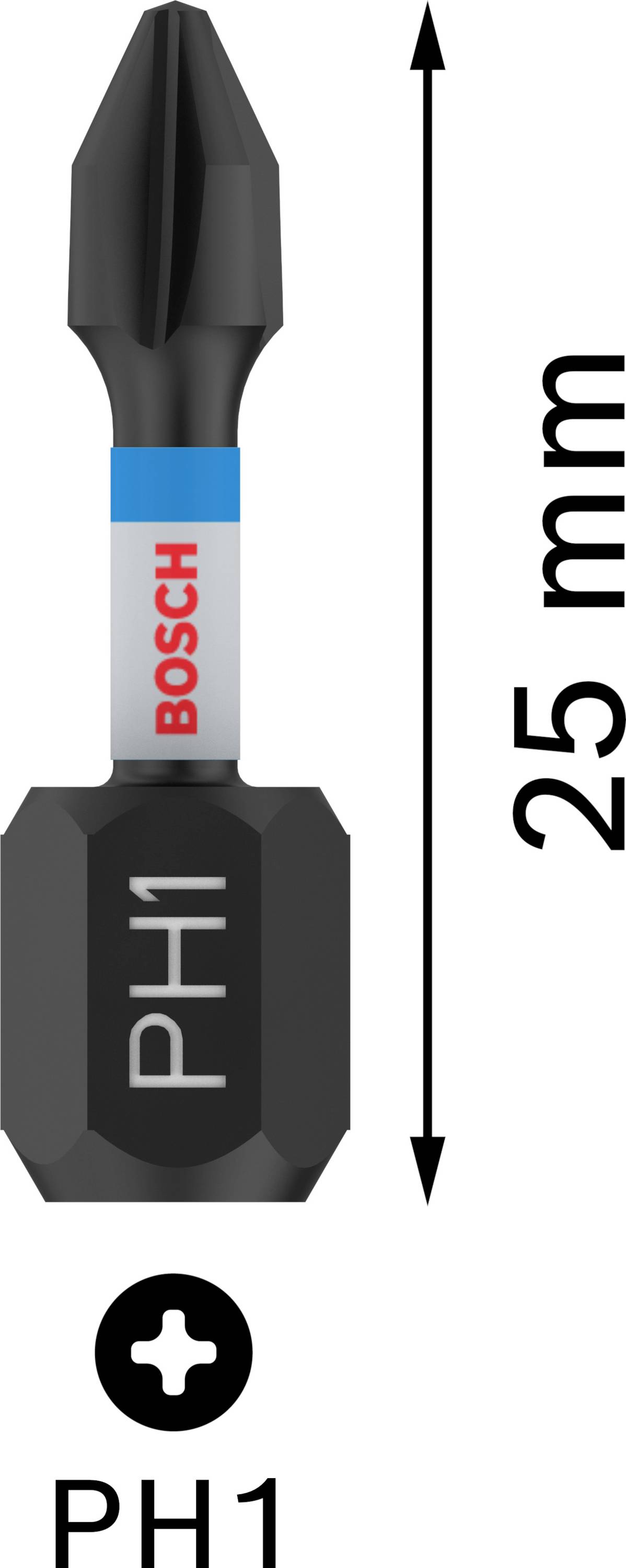 'Bosch PH1' Schrauberbit, 25 mm lang, mit Kreuzschlitzprofil.