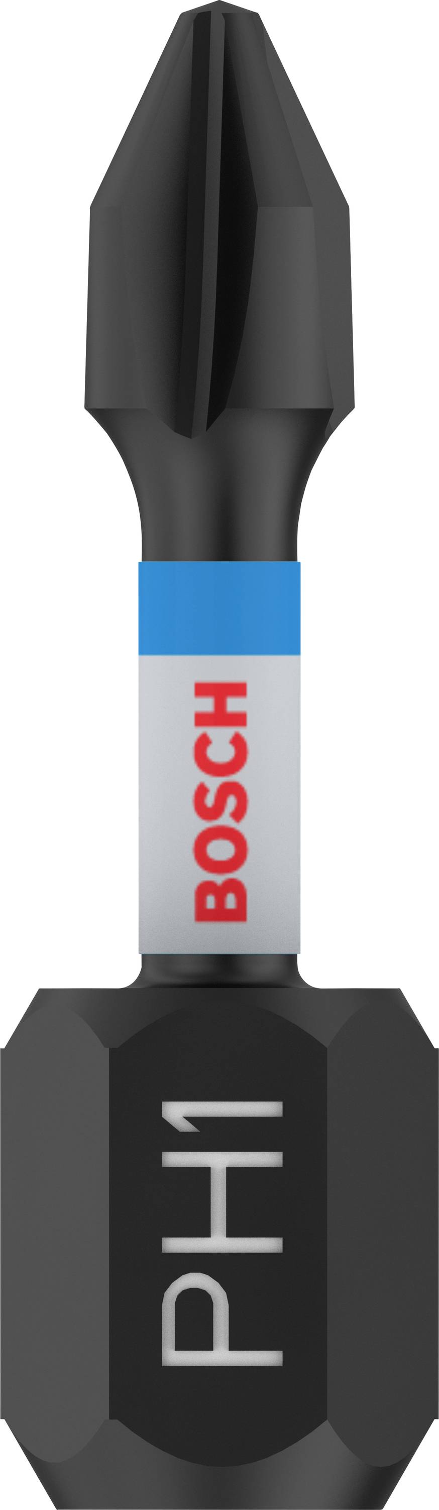 Bosch PH1 Schraubendreher-Bit in Schwarz, mit blauem Ring und rotem Bosch-Logo.