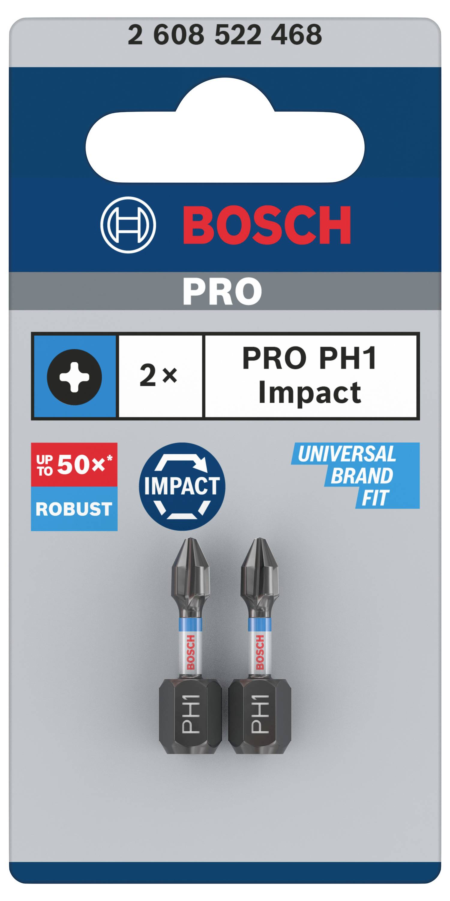 Verpackung von Bosch PRO PH1 Impact Bits, zeigt zwei robust aussehende Bits. Text: 'PRO PH1 Impact', 'Universal Brand Fit', 'Robust bis zu 50%'.