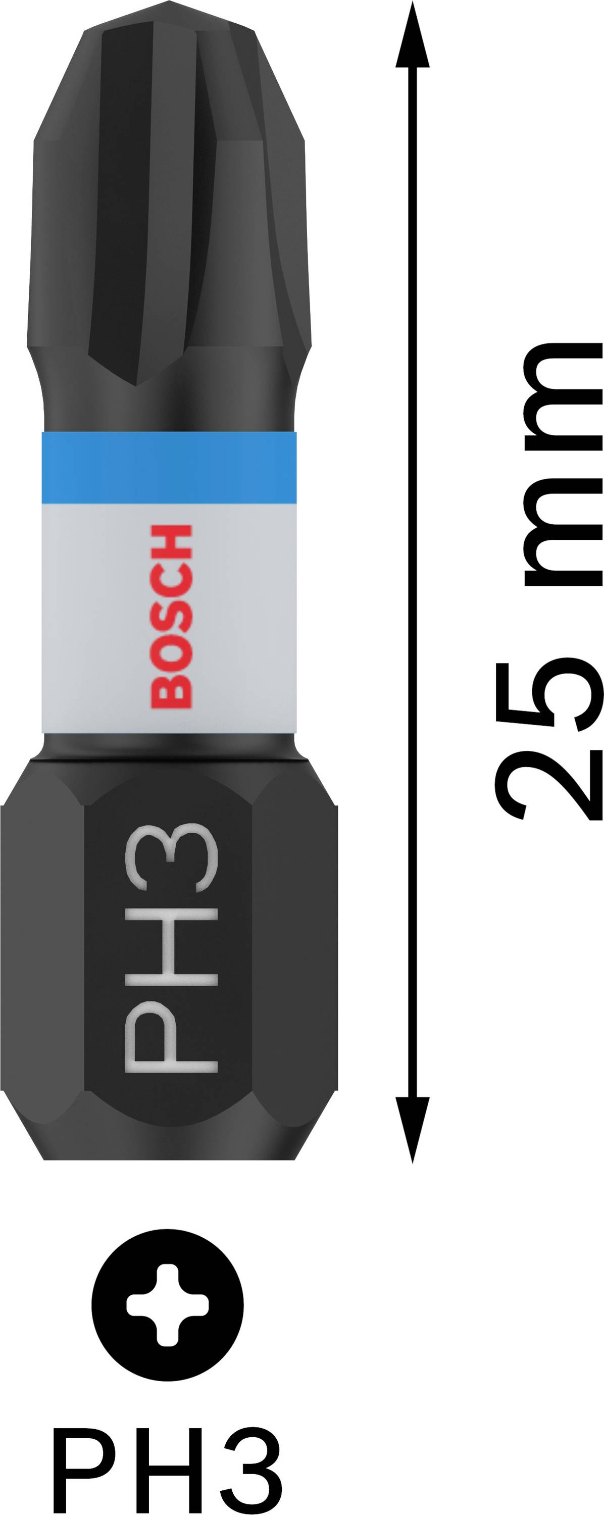 Schrauberbit 'Bosch PH3', Länge 25 mm, schwarzer Philips-Kopf.