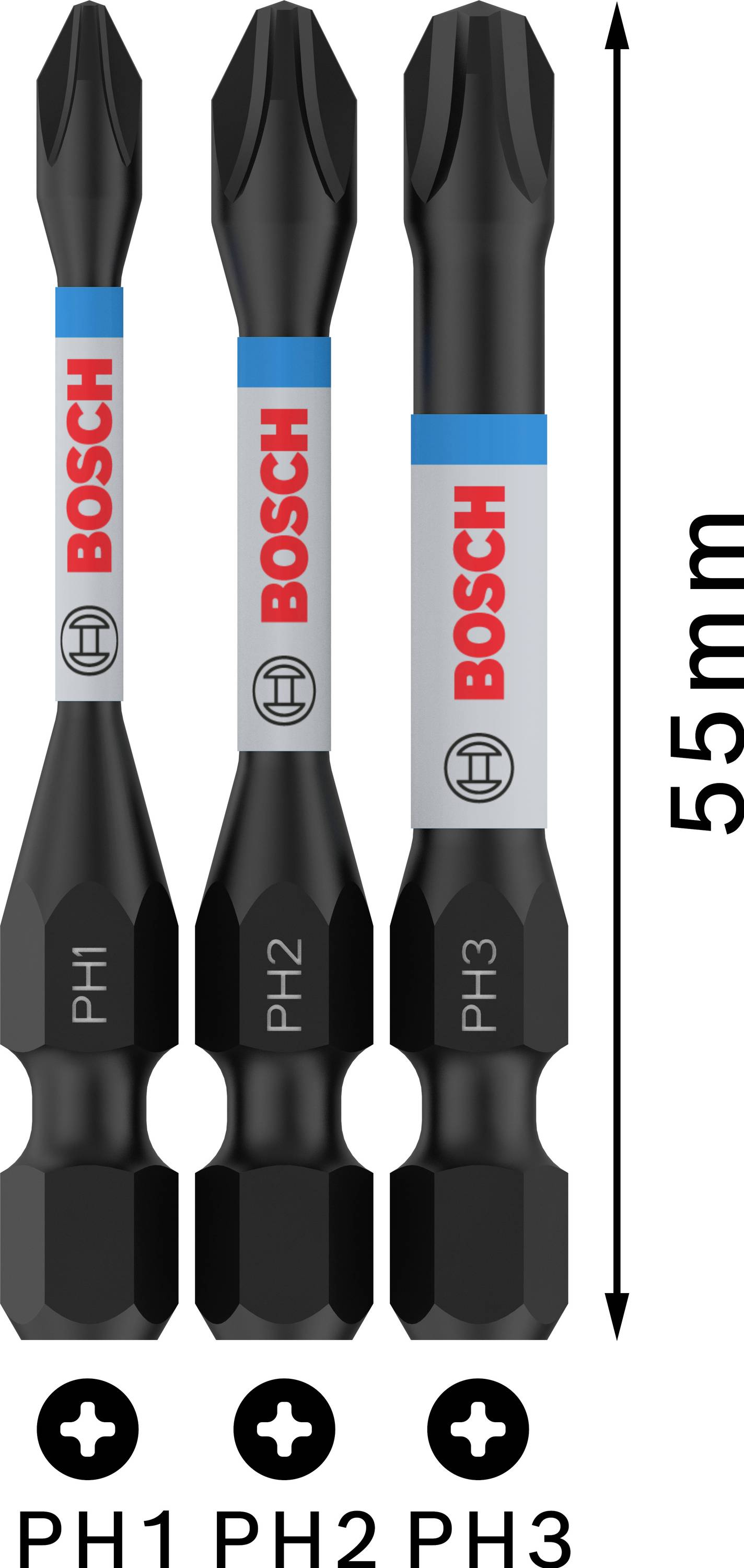 Drei Bosch Kreuzschlitz-Bits, Größen PH1, PH2 und PH3, jeweils 55 mm lang.