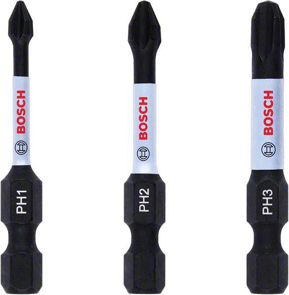 Drei schwarze Bosch-Schraubendreher-Bits: PH1, PH2, PH3. Sie sind mit dem Bosch-Logo bedruckt und haben eine sechseckige Basis.