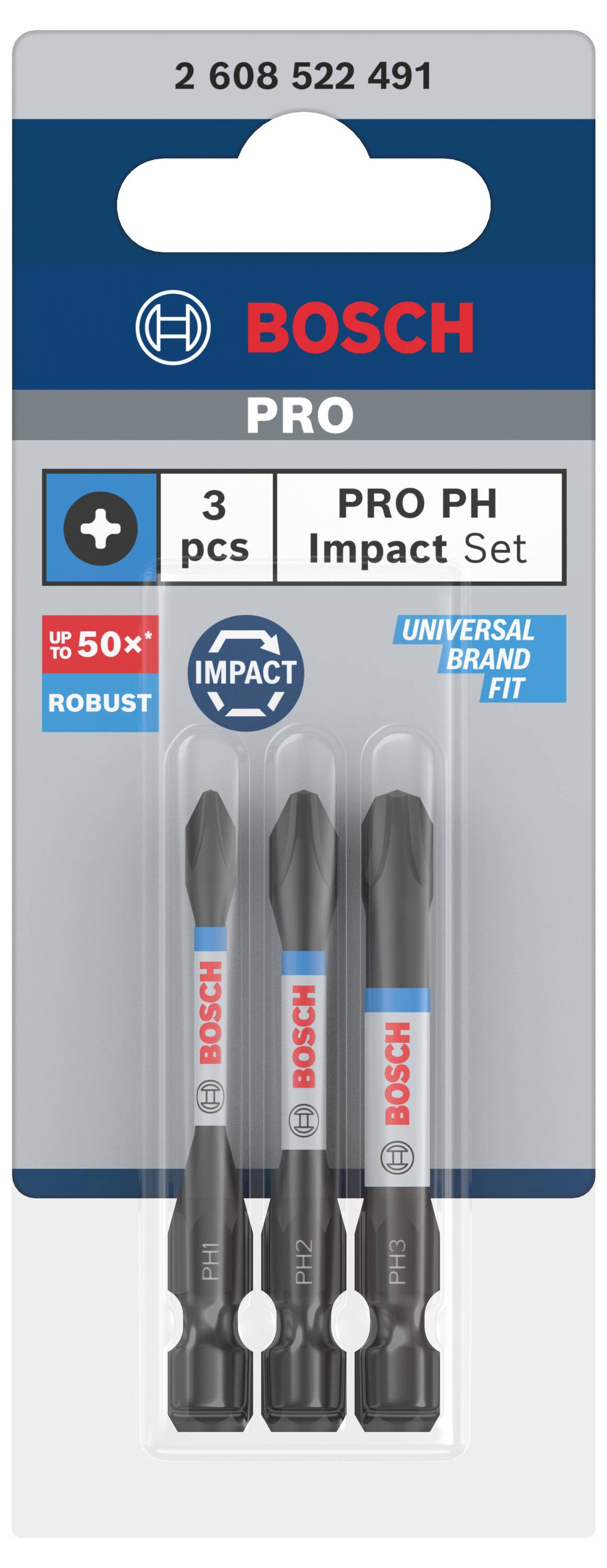 Verpackung mit drei Bosch PRO PH-Schraubendreher-Bits, geeignet für universelle Marken, robust und für hohe Leistung ausgelegt.
