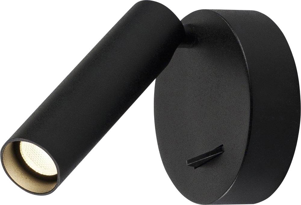 Eine schwarze, zylindrische Wandleuchte mit rundem Sockel, leuchtend an der offenen Seite. Ideal für gezielte Beleuchtung.