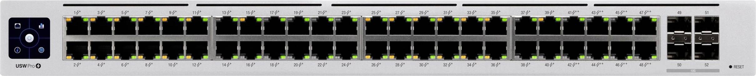 Ethernet-Switch mit 48 Ports in zwei Reihen. Links befindet sich ein Steuerfeld. Alle Ports haben LED-Anzeigen.