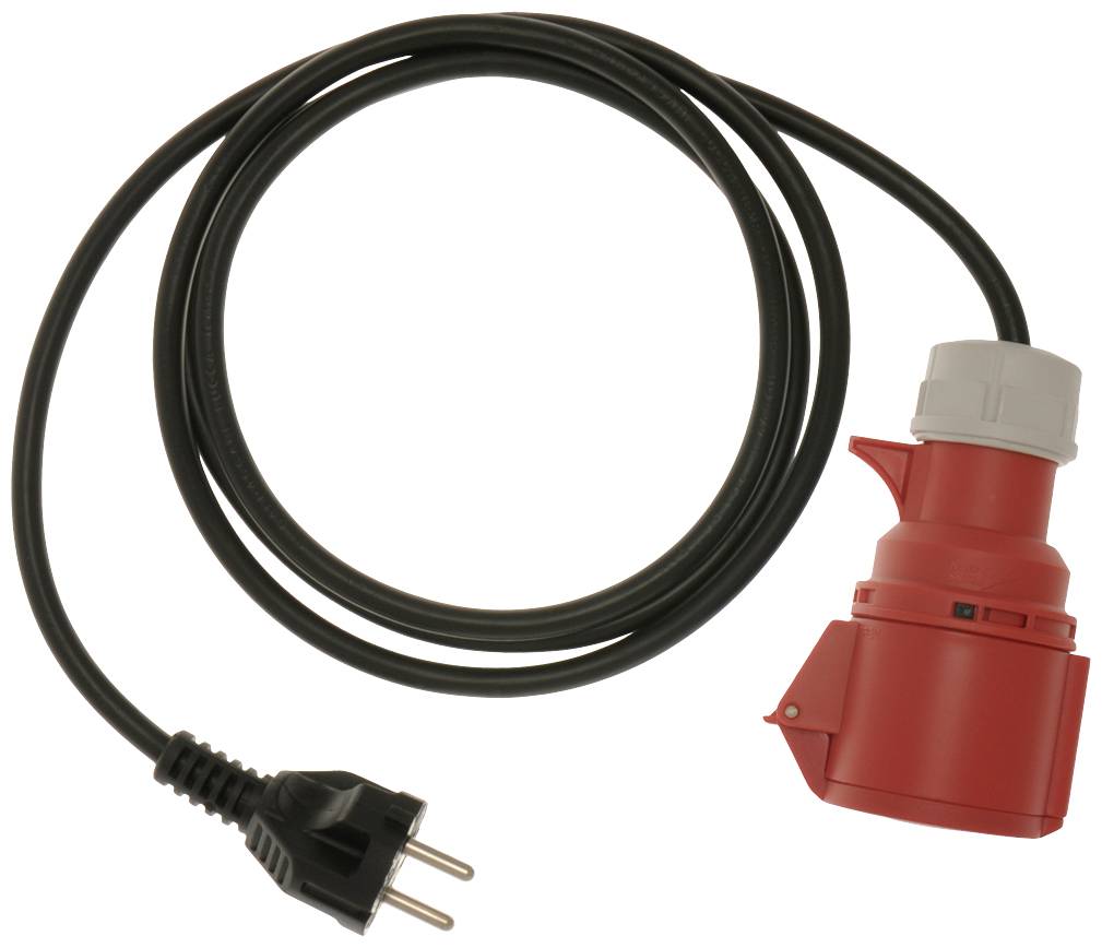Schwarzes Netzkabel mit rotem Schutzkontaktstecker und schwarzem Schuko-Stecker, geeignet für industrielle Anwendungen, symbolisiert Stromverbindung.