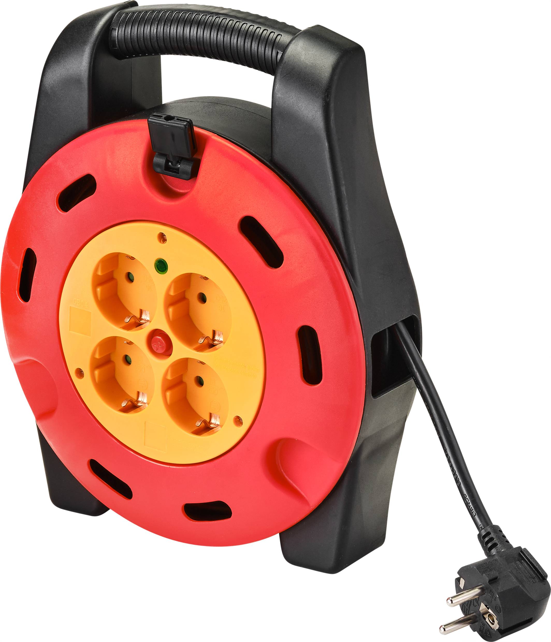 Tragbare Kabeltrommel mit vier Steckdosen und einem Handgriff. Sie hat ein rotes und gelbes Design. Ein schwarzes Kabel ist eingesteckt.