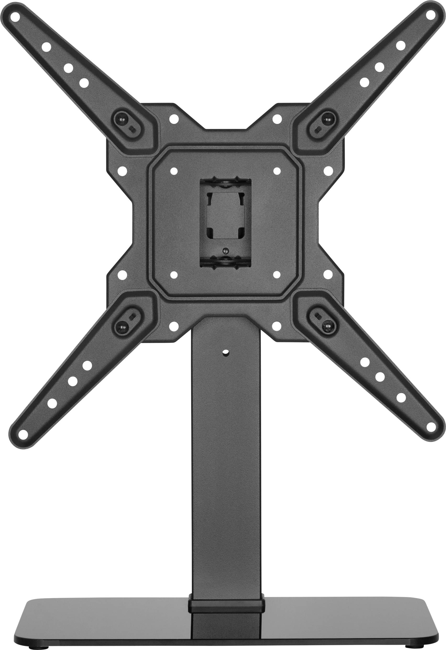 Ein verstellbarer TV-Ständer mit X-förmiger Halterung für Bildschirme. Er besteht aus schwarzem Metall auf einer stabilen Basis.