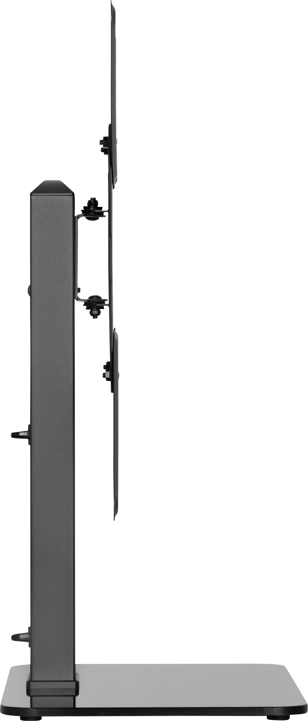 Seitliche Ansicht eines schlanken, schwarzen Monitorständers. Der Ständer hält zwei Monitore übereinander, geeignet für Büros.