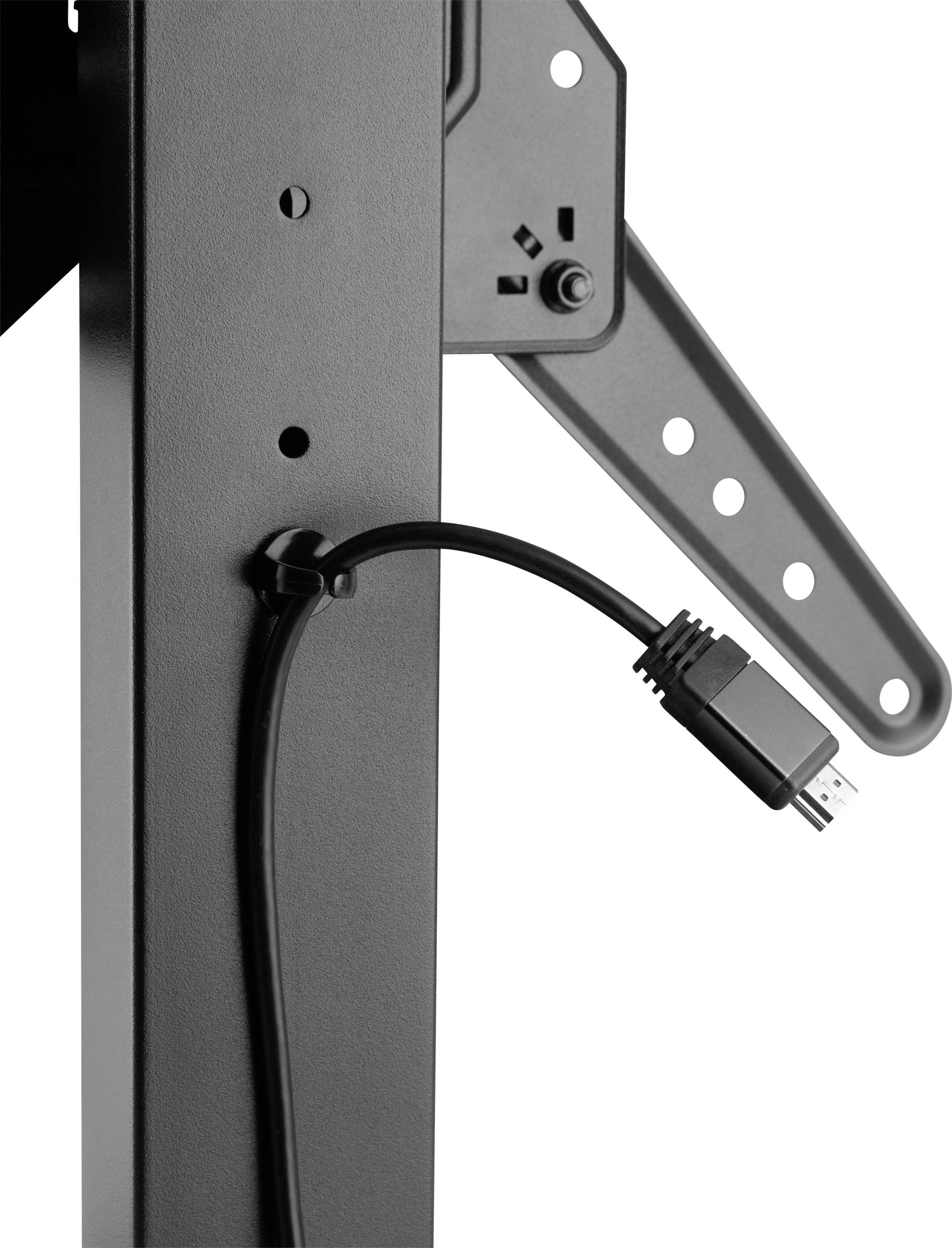Ein schwarzes Metallgestell mit einem eingerasteten Arm zeigt ein durchgefädeltes Kabel mit HDMI-Stecker zur Verbindung von Geräten.