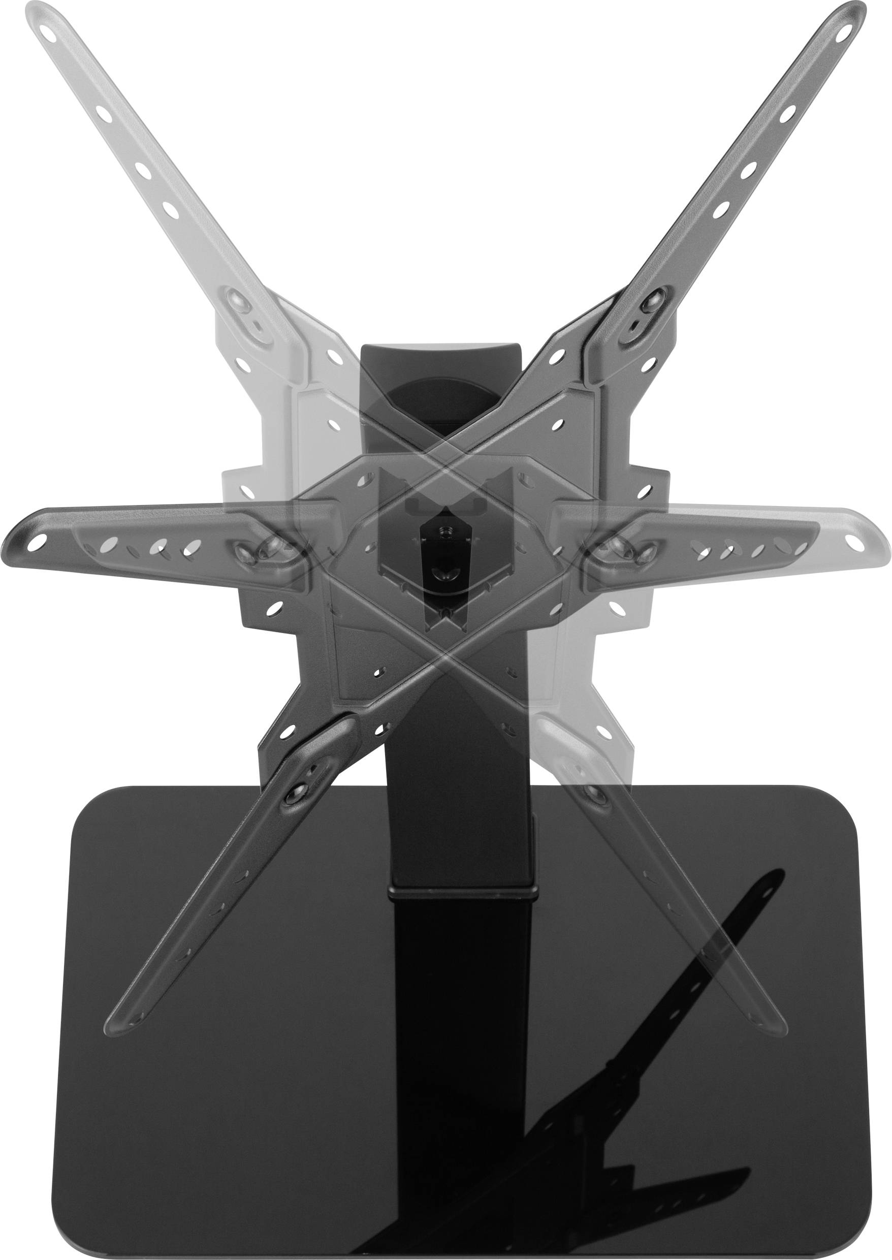 Ein drehbarer TV-Ständer mit verstellbaren Armen, montiert auf einer rechteckigen, spiegelnden Basis. Ideal zur TV-Befestigung.