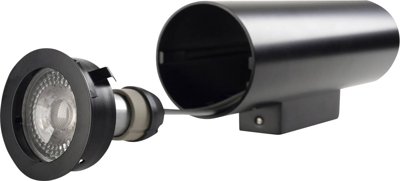 Ein schwarzer, zylinderförmiger Scheinwerfer, geöffnet, mit herausgezogenem Leuchtmittel; zur Beleuchtung oder Dekoration.