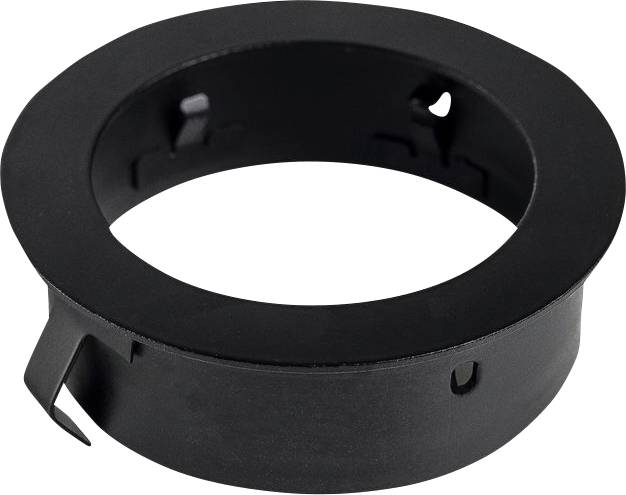 Ein schwarzer, runder Adapterring mit Clip-Mechanismen an den Seiten, vermutlich für die Montage oder Befestigung in einem technischen Gerät.