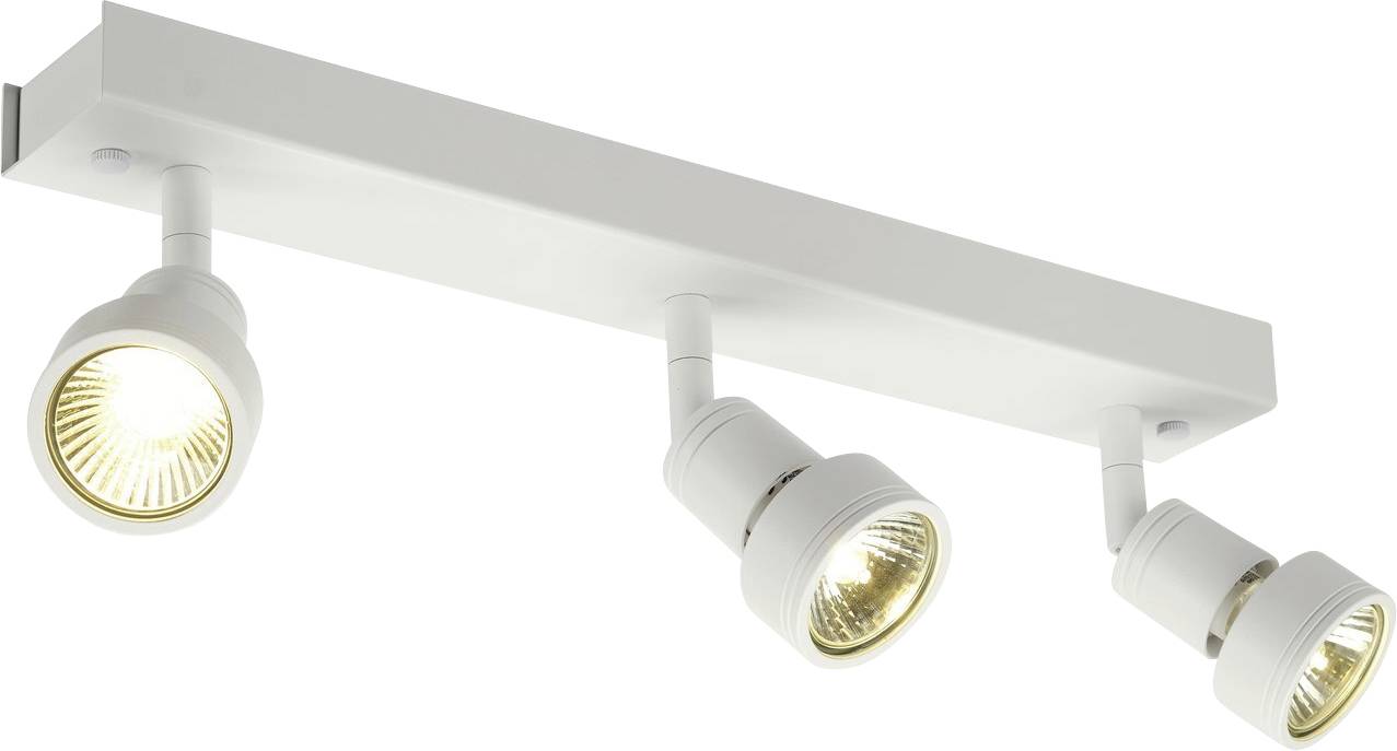 Eine weiße LED-Deckenleuchte mit drei verstellbaren Spotlights strahlt warmes Licht aus, ideal für zielgerichtete Beleuchtung.