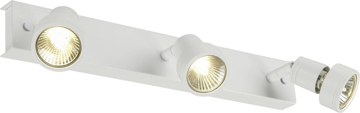 Weiße LED-Deckenleuchte mit drei verstellbaren Strahlern, die warmes Licht abstrahlen. Ideal für gezielte Beleuchtung.