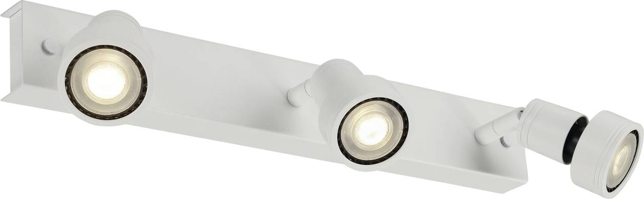 Drei weiße Deckenstrahler an einer Metallhalterung, leuchten in verschiedene Richtungen.