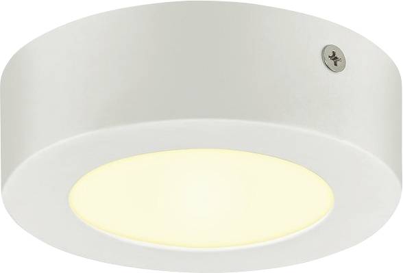 Einbauleuchte mit weißem Gehäuse und gelbem Lichtschein; festgeschraubt an einer Oberfläche.