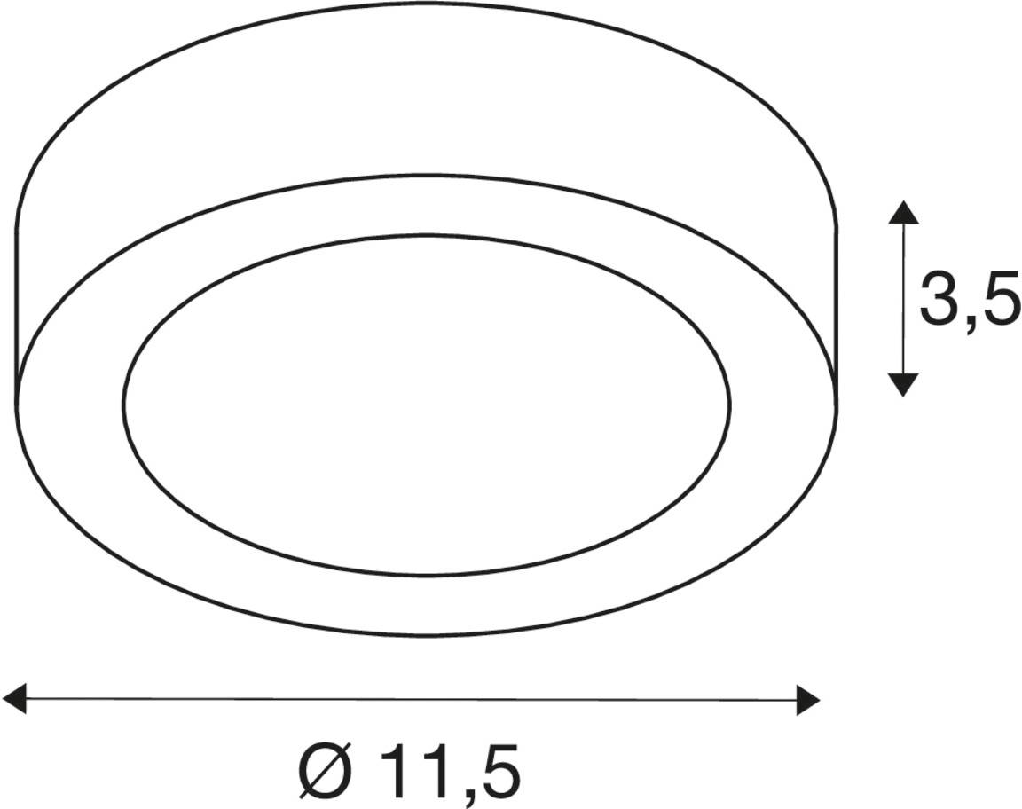 Diagramm eines runden Objekts mit einem Durchmesser von 11,5 cm und einer Höhe von 3,5 cm, von der Seite betrachtet.