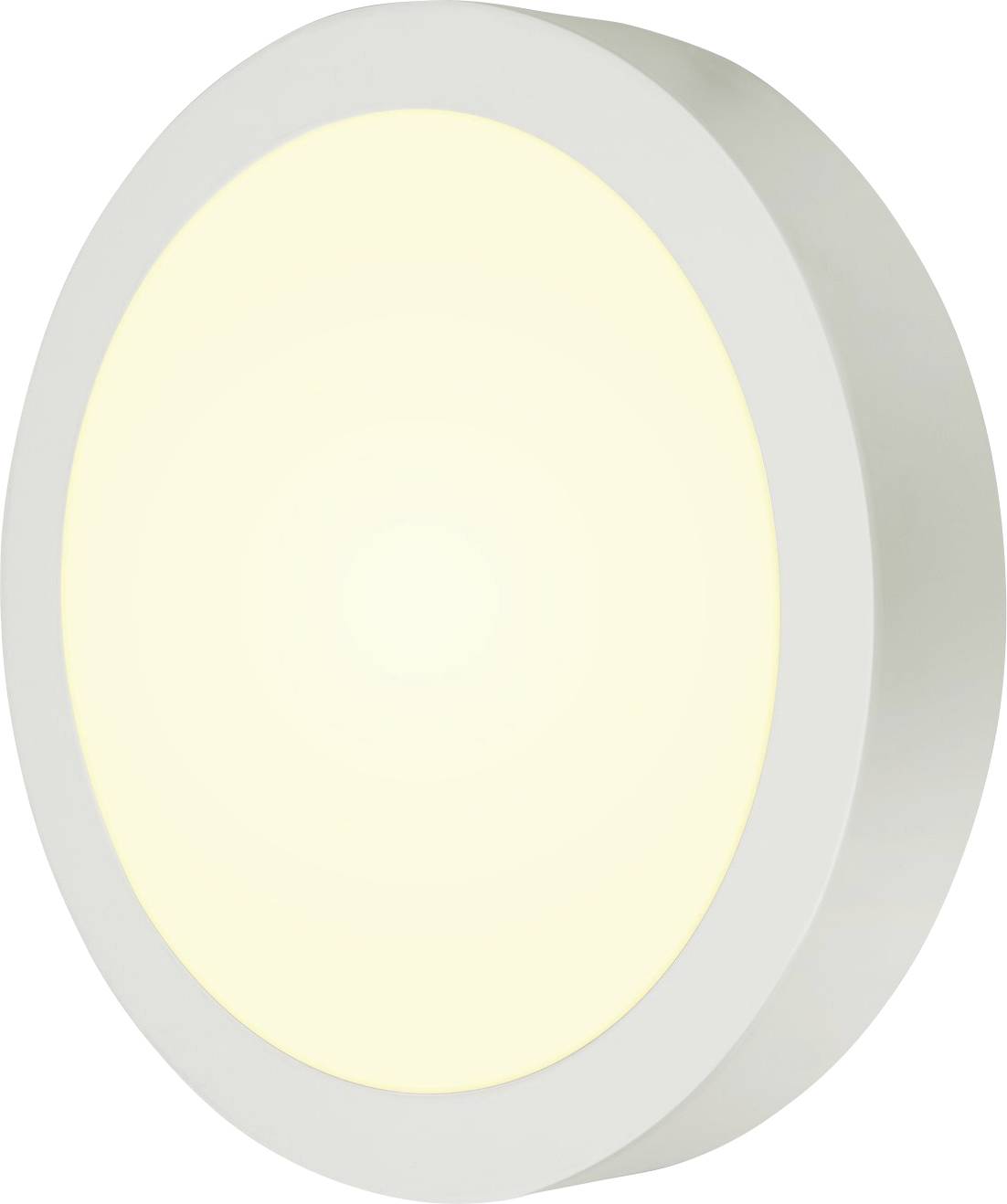 Runde, weiße Deckenleuchte mit warmweißem Licht, ideal für moderne Wohnräume.