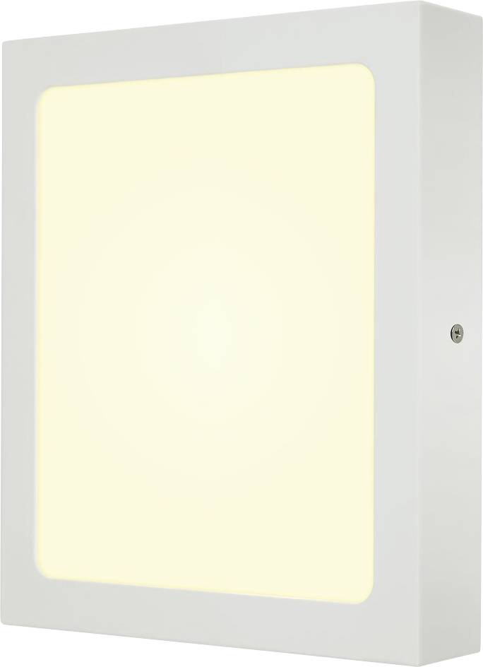 Eine rechteckige, wandmontierte Leuchte mit weißem Rahmen und warmweissem Licht, geeignet für Innenraumbeleuchtung.