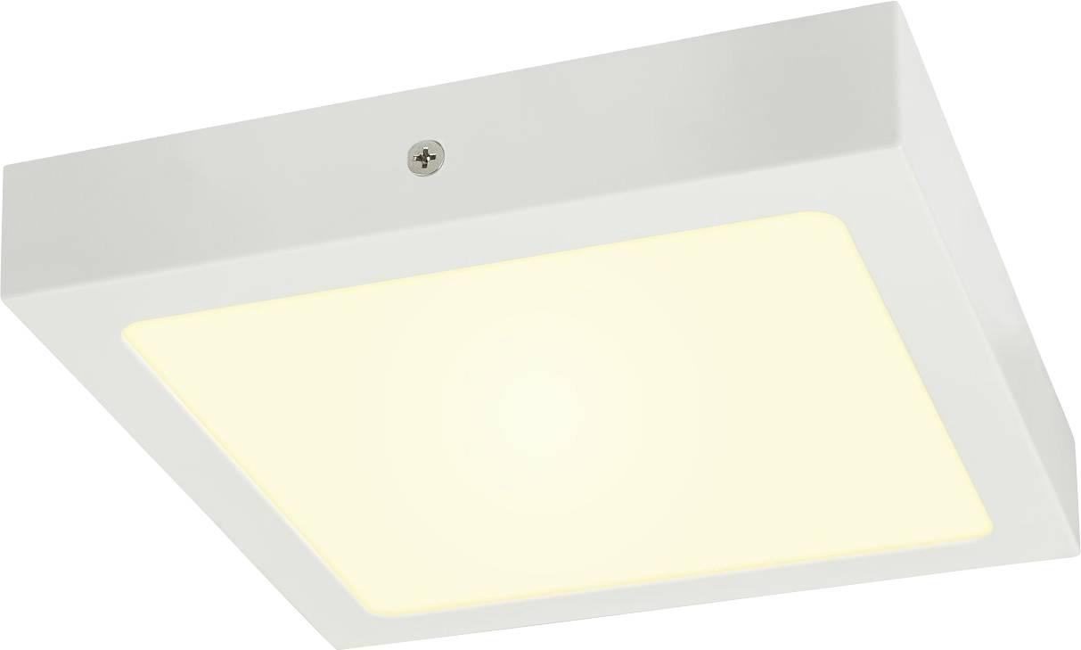 Quadratische, weiße, flache Deckenleuchte mit warmweißer Lichtabstrahlung. Geeignet für moderne Innenräume.