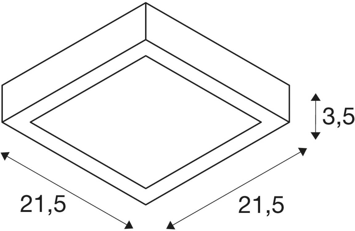 Ein quadratisches Prisma mit Maßen 21,5 x 21,5 x 3,5 wird in einer isometrischen Ansicht dargestellt.