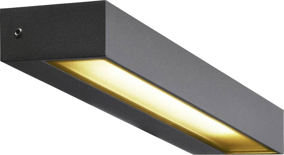 Schwarze, rechteckige Deckenleuchte mit gelbem, warmem Licht. Moderne, minimalistische Gestaltung ohne sichtbare Verzierungen.