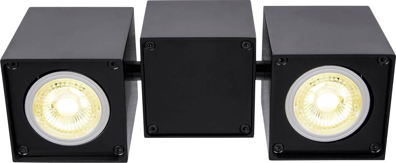 Schwarze, quadratische, drehbare Deckenleuchte mit zwei leuchtenden LED-Spots, geeignet für moderne Innenräume und Akzentbeleuchtung.