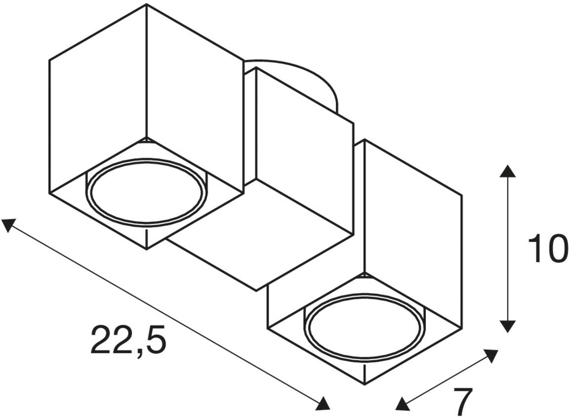 Technische Zeichnung einer Wandlampe mit quadratischen Basen. Maße: 22,5 cm Breite, 10 cm Höhe, 7 cm Tiefe. Zwei Lichtquellen.