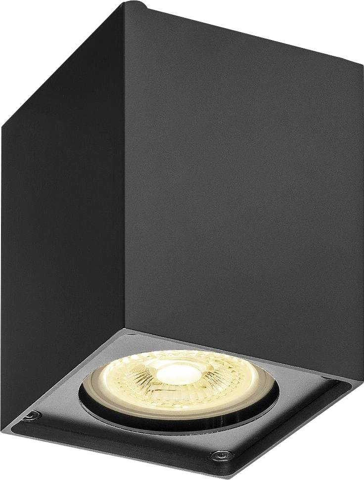 Moderne, schwarze LED-Deckenleuchte mit quadratischem Gehäuse und integriertem runden Lichtstrahler.