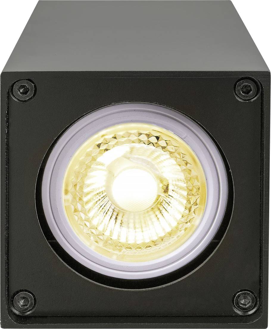 Schwarze quadratische Deckenlampe mit sichtbarem LED-Leuchtmittel im Zentrum, strahlt warmes gelbes Licht aus.