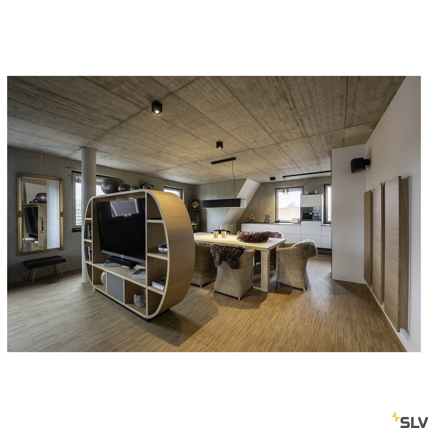 Geräumiges Wohnzimmer mit rustikalem Holzboden, moderner Einrichtung, Sofa, großem Regal mit Fernseher, Esstisch und Küchenzeile im Hintergrund.