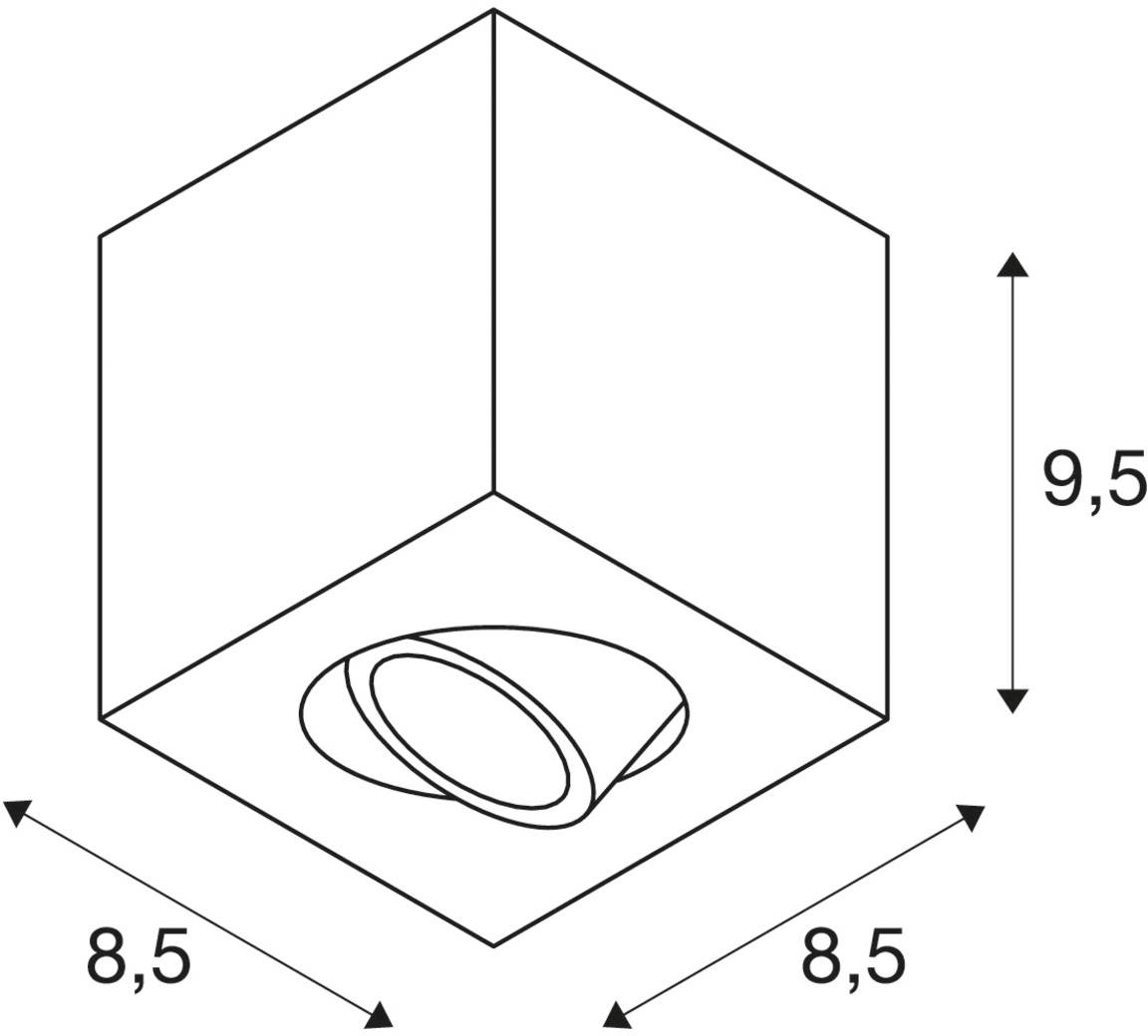 Deckenleuchte mit den Maßen 9,5 cm Höhe und 8,5 cm Breite. Quadratisches Design mit zentralem Lichtspot.