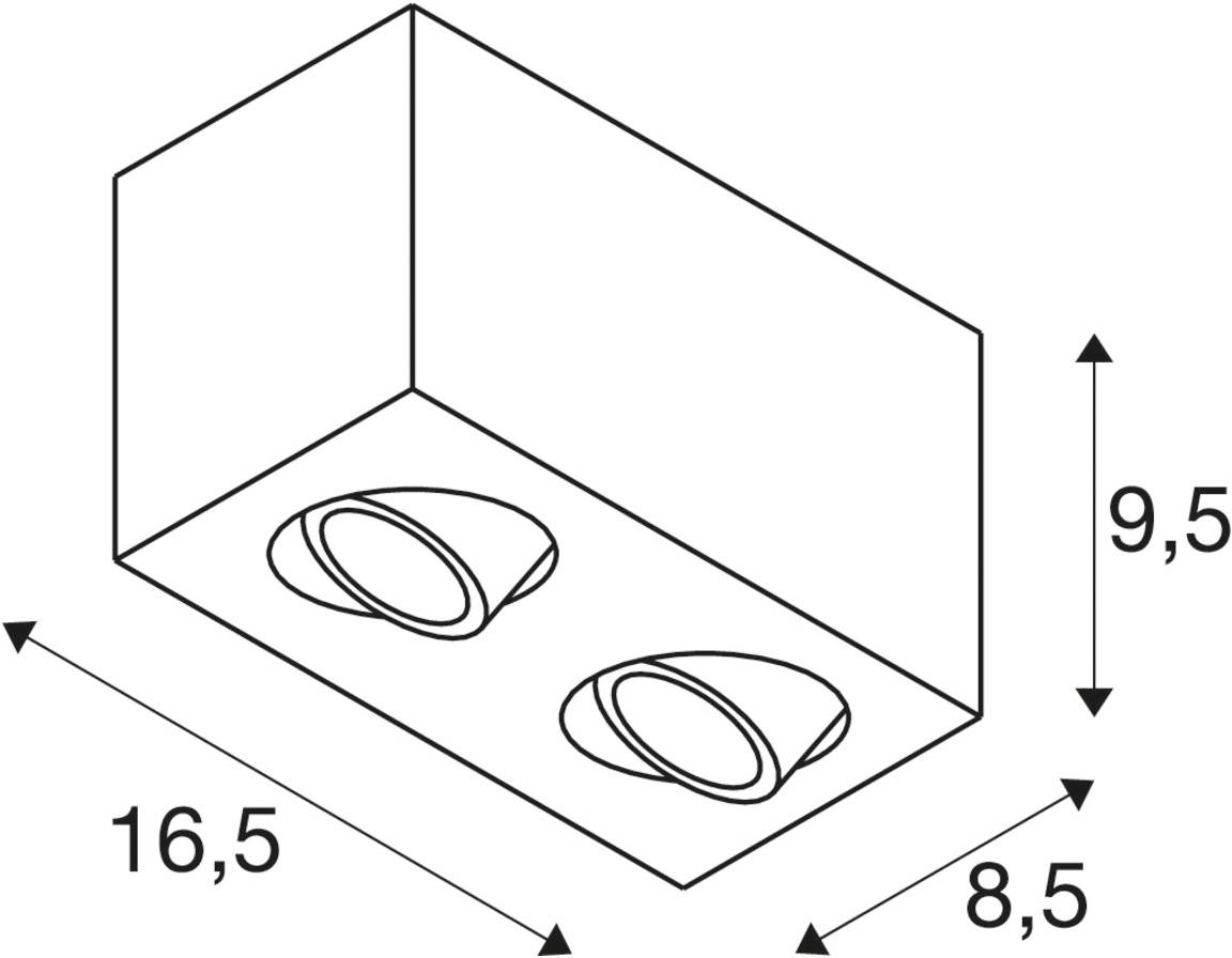 Diagramm der Maße eines rechteckigen Kastens mit zwei eingebauten runden Strahlern. Maße: 16,5 cm x 8,5 cm x 9,5 cm.