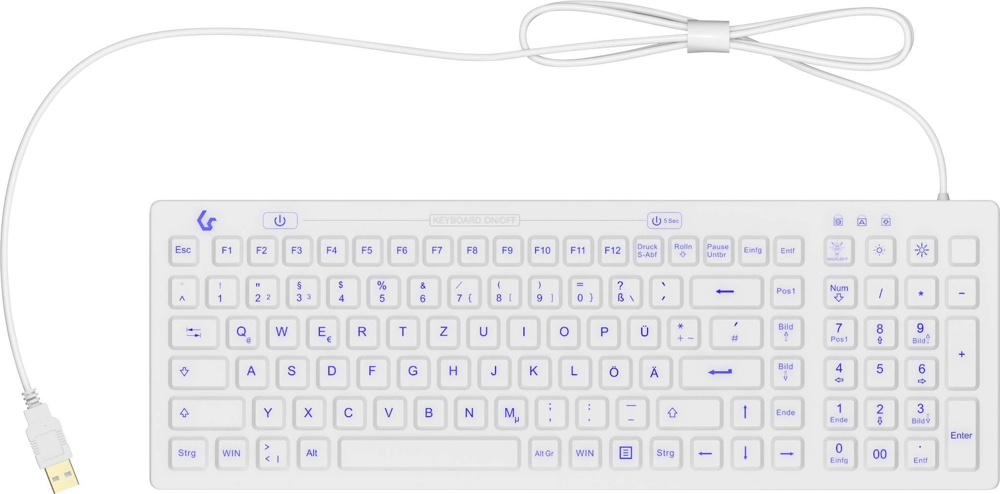 ICY BOX KSK-6031INEL-Wh Kabelgebunden Hygiene-Tastatur Deutsch, QWERTZ Weiß Staubgeschützt, Spritzwassergeschützt, Beleuchtet