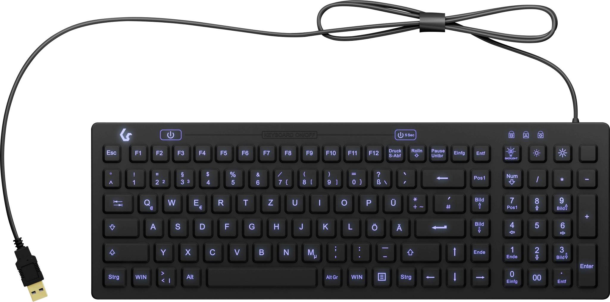 ICY BOX KSK-6031INEL-B Kabelgebunden Hygiene-Tastatur Deutsch, QWERTZ Schwarz Staubgeschützt, Spritzwassergeschützt, Beleuchtet