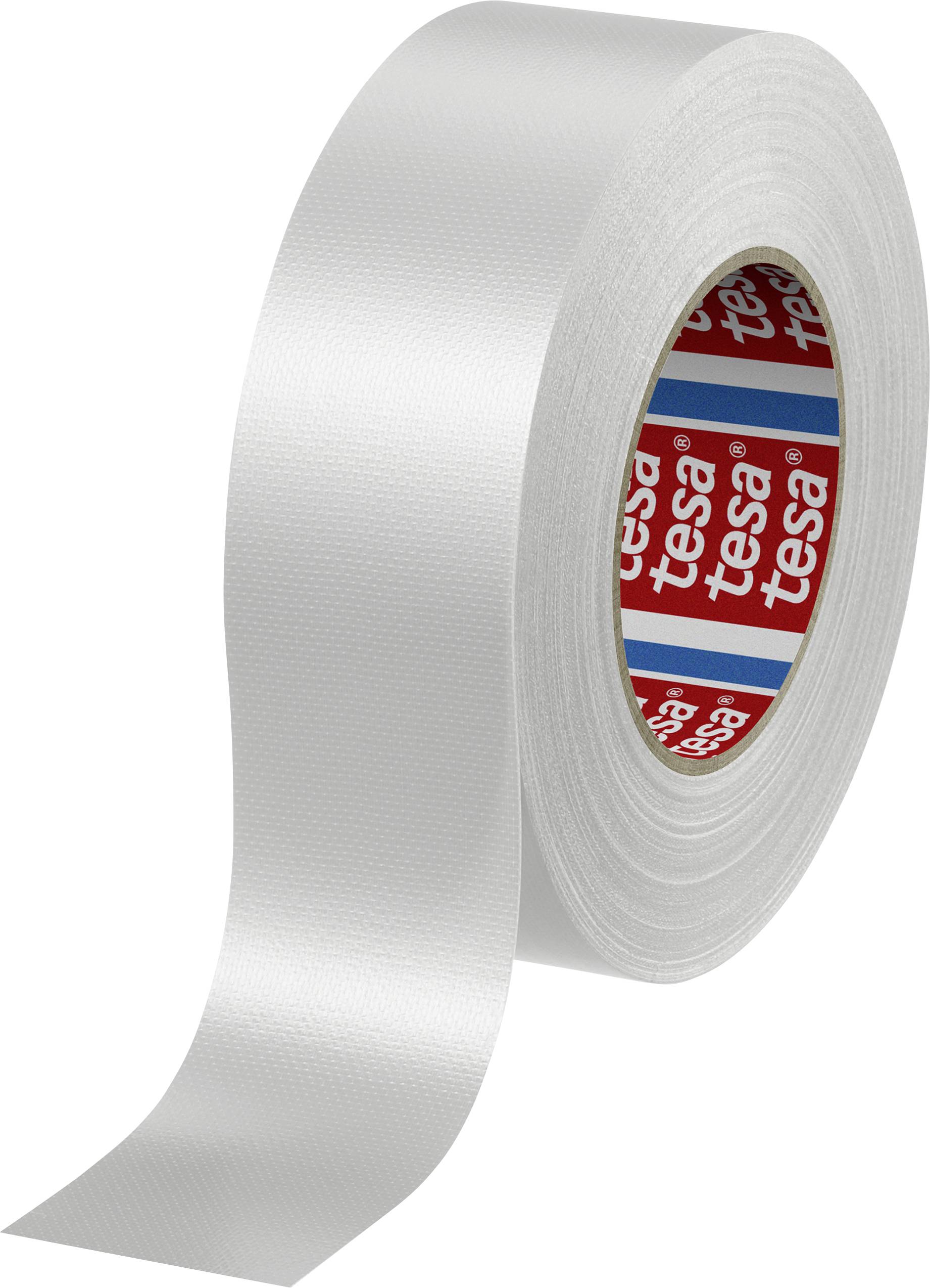 Eine Rolle weißes Klebeband, teilweise abgerollt, mit der Aufschrift 'tesa' auf der Innenseite.