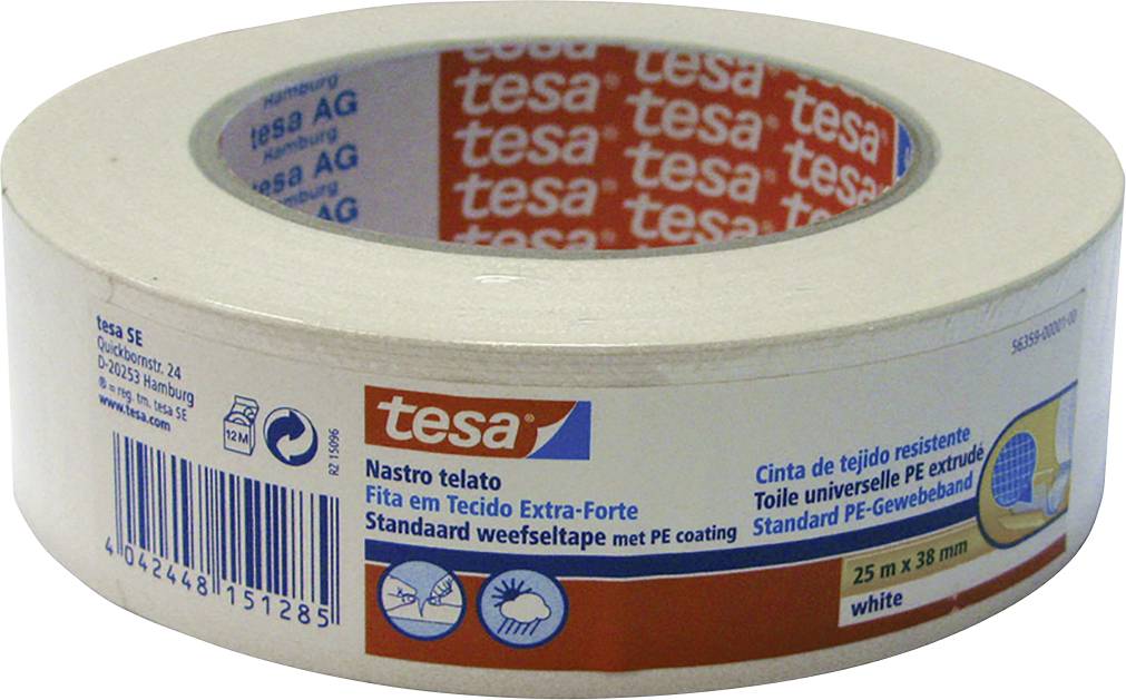 Eine Rolle weißes Gewebeband mit rotem Aufdruck der Marke tesa. Beschriftungen in mehreren Sprachen auf der Verpackung.