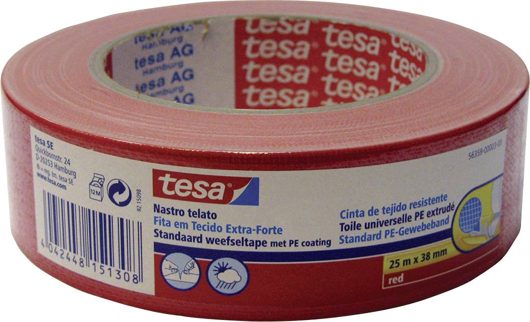 Rolle aus rotem Klebeband von Tesa, 25 m x 38 mm, geeignet für starke Anwendungen, mit mehrsprachiger Produktbeschreibung.
